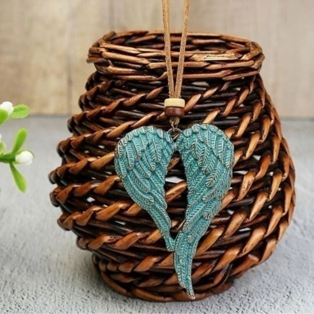 Rustic Turquoise Angel Wings Pendant Leather Cord Necklace Handmade Boho Jewelry